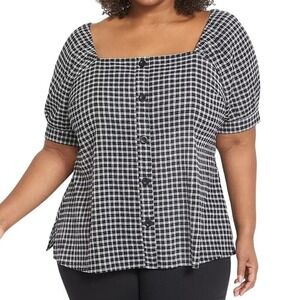 Lane Bryant Womens Sz 24 Top Black/White Puff‎ Sleeve Buffalo Plaid Office NEW